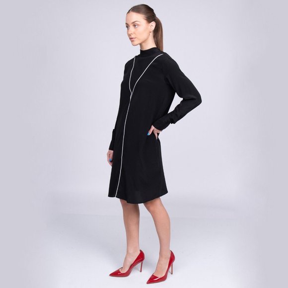 8 Black S 100% Silk Shift Dress Low Open-Back Tie Bow Made in Italy Knee Office - Picture 9 of 14